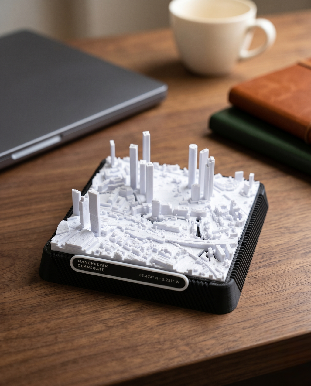 Manchester Deansgate 3D printed city map · 9×9cm relief model · 53.474° N · 2.251° W