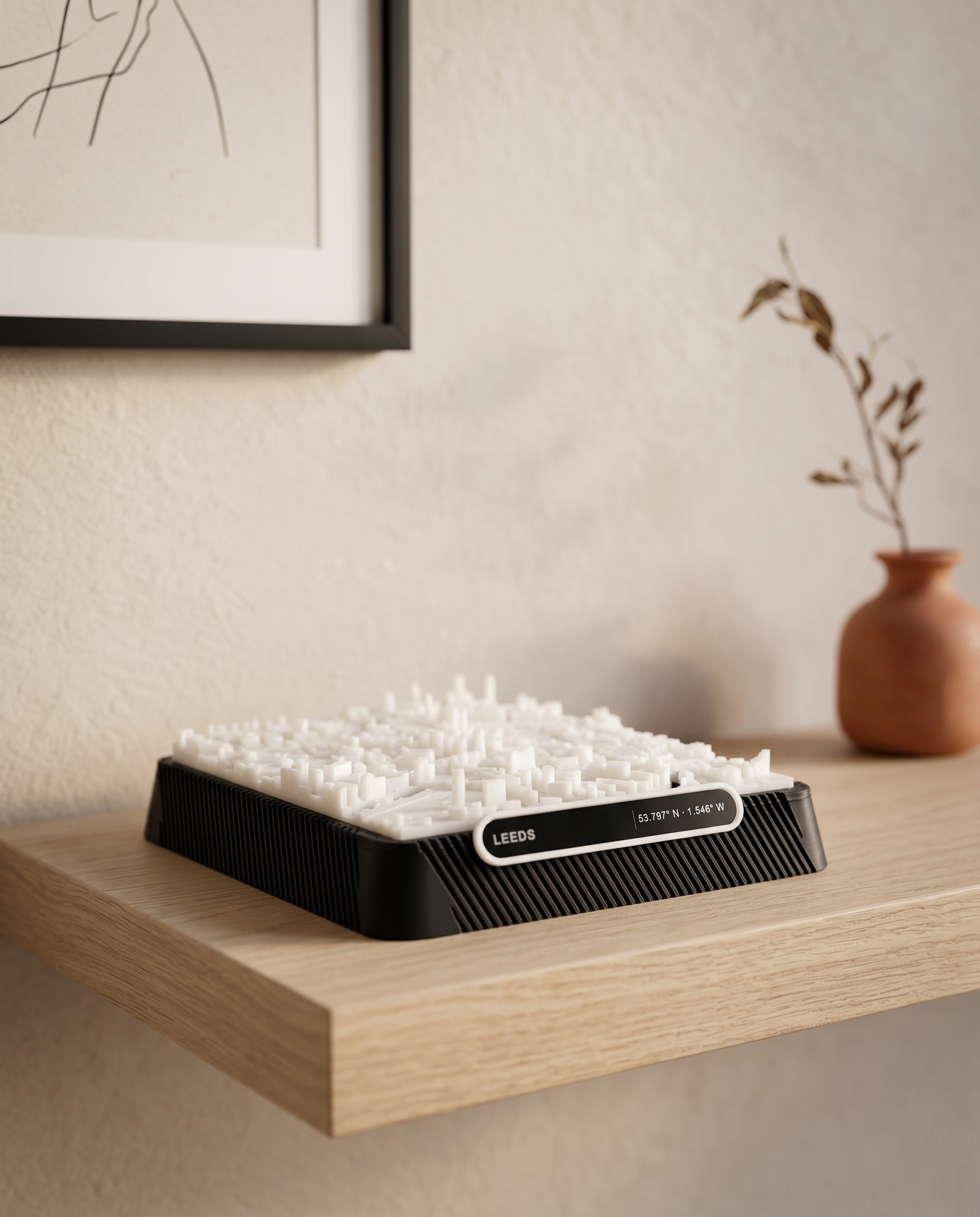 Leeds City Square 3D printed city map · 9×9cm relief model · 53.797° N · 1.546° W