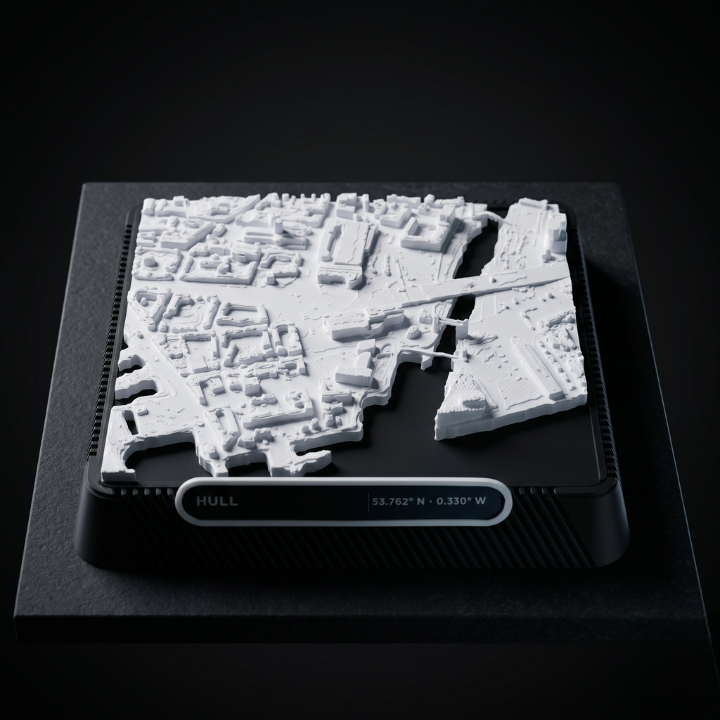 Kingston upon Hull 3D printed city map · 9×9cm relief model · 53.762° N · 0.330° W