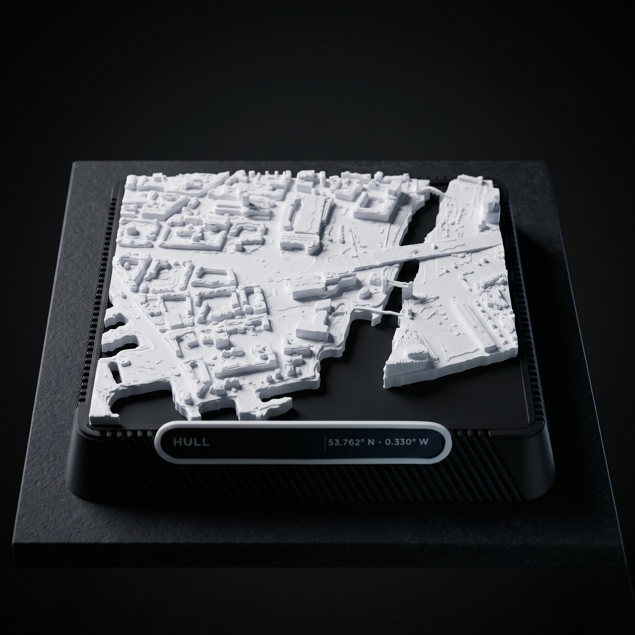 Kingston upon Hull 3D printed city map · 9×9cm relief model · 53.762° N · 0.330° W