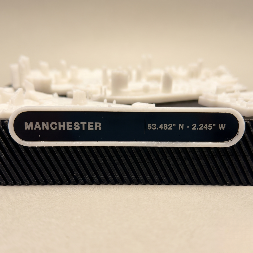 Salford, Greater Manchester Salford Quays and MediaCityUK 3D printed city map · 9×9cm relief model · 53.472° N · 2.294° W