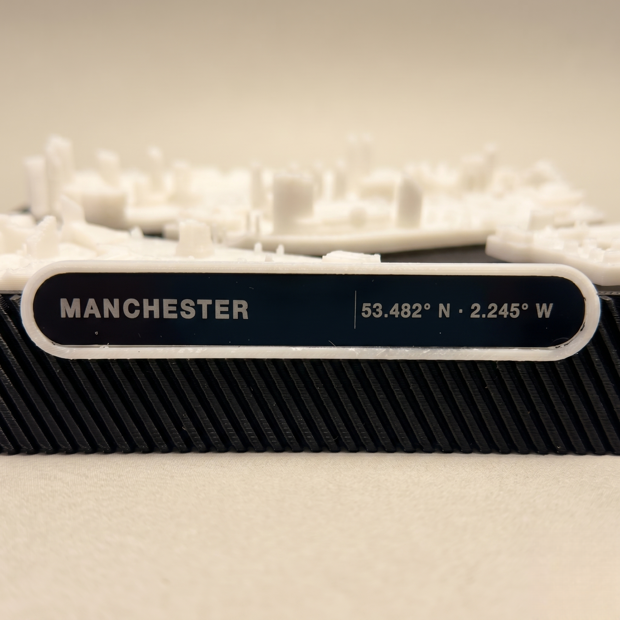 Salford, Greater Manchester Salford Quays and MediaCityUK 3D printed city map · 9×9cm relief model · 53.472° N · 2.294° W