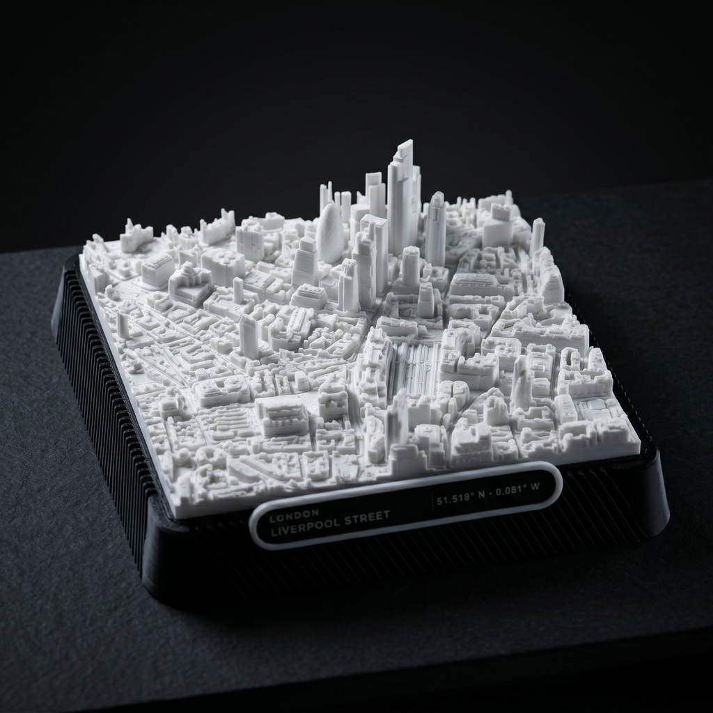 London Liverpool_Street 3D printed city map · 9×9cm relief model · 51.518° N · 0.081° W