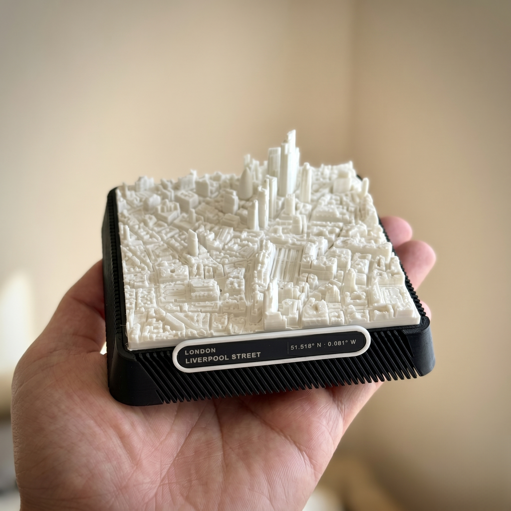 London Liverpool_Street 3D printed city map · 9×9cm relief model · 51.518° N · 0.081° W