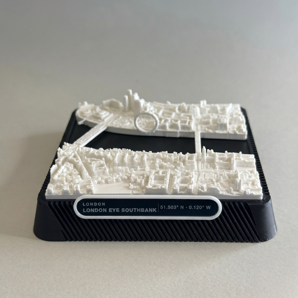 London South Bank 3D printed city map · 9×9cm relief model · 51.503° N · 0.120° W