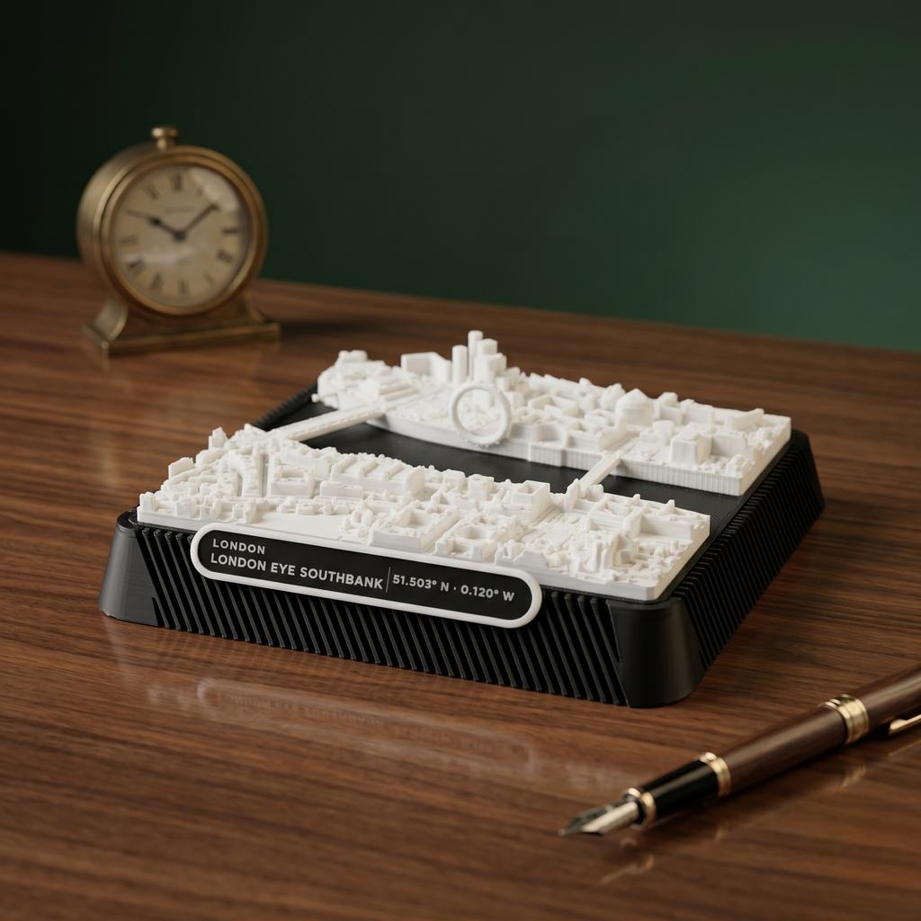 London South Bank 3D printed city map · 9×9cm relief model · 51.503° N · 0.120° W