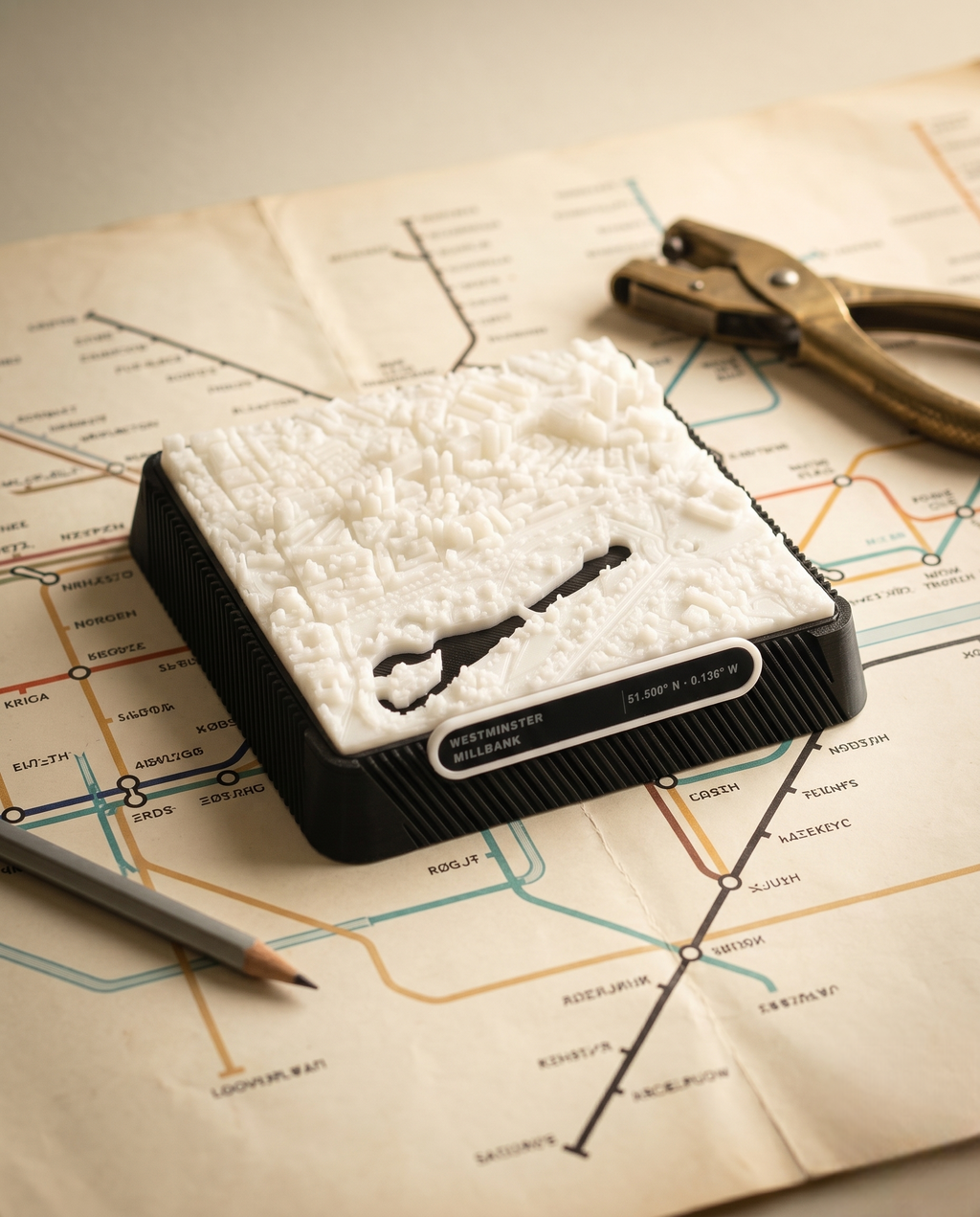 London Westminster 3D printed city map · 9×9cm relief model · 51.500° N · 0.136° W