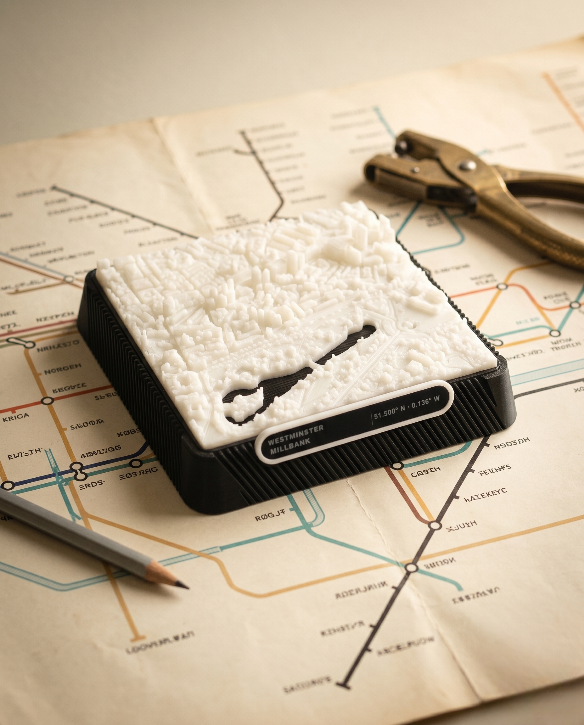 London Westminster 3D printed city map · 9×9cm relief model · 51.500° N · 0.136° W