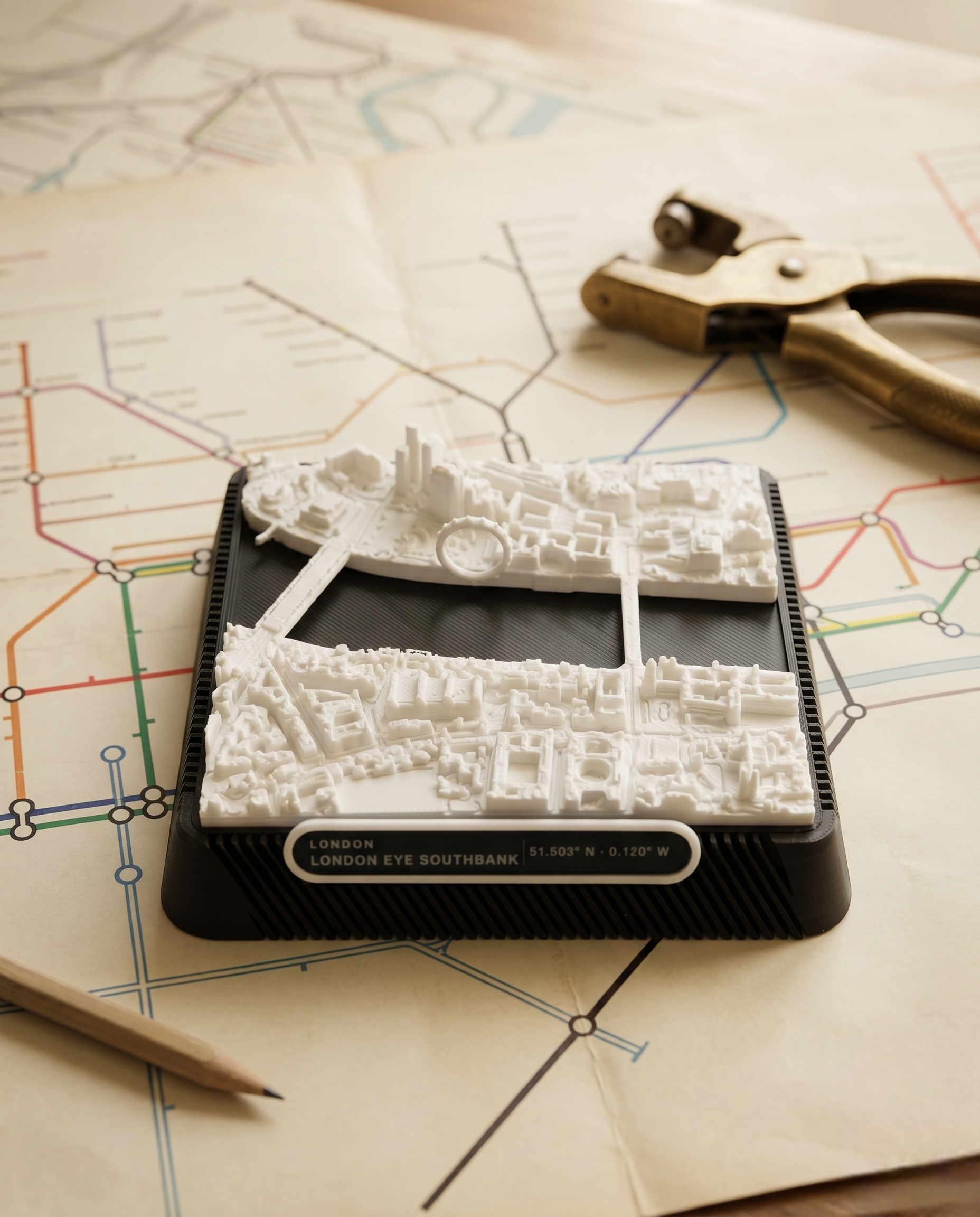 London South Bank 3D printed city map · 9×9cm relief model · 51.503° N · 0.120° W