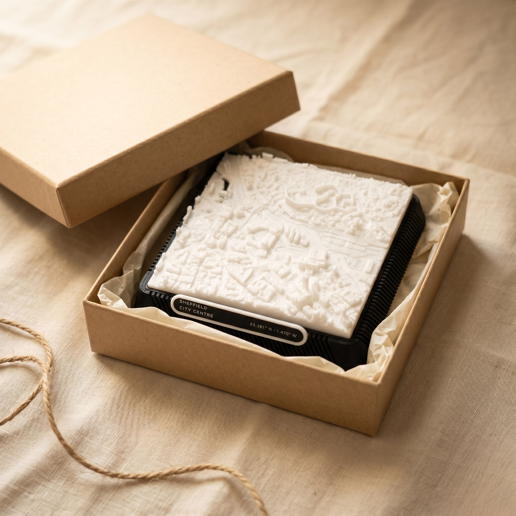 Sheffield City Centre 3D printed city map · 9×9cm relief model · 53.381° N · 1.470° W