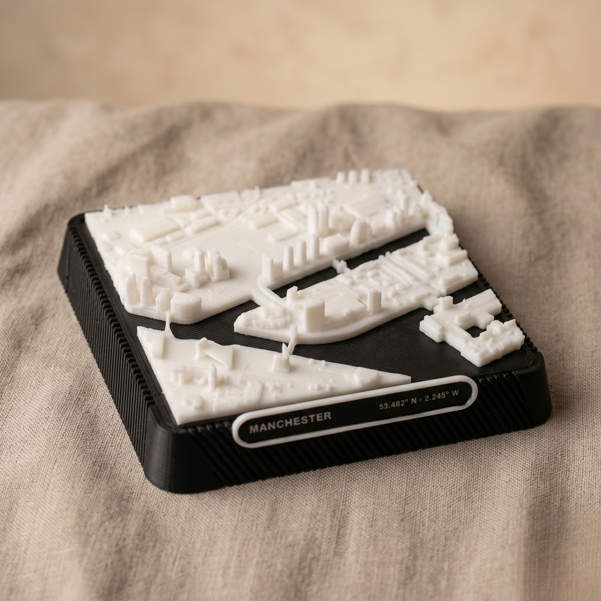 Salford, Greater Manchester Salford Quays and MediaCityUK 3D printed city map · 9×9cm relief model · 53.472° N · 2.294° W