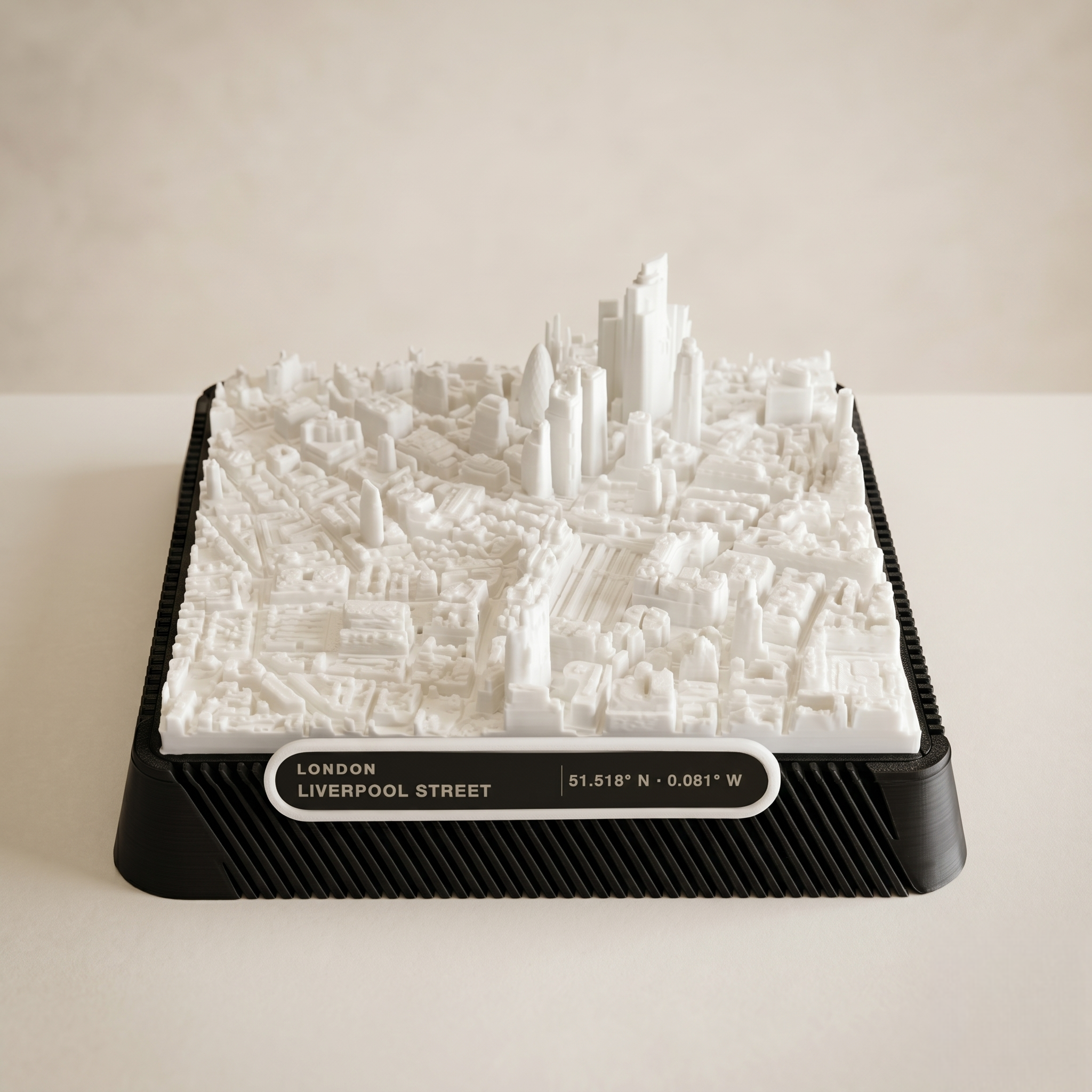 London Liverpool_Street 3D printed city map · 9×9cm relief model · 51.518° N · 0.081° W