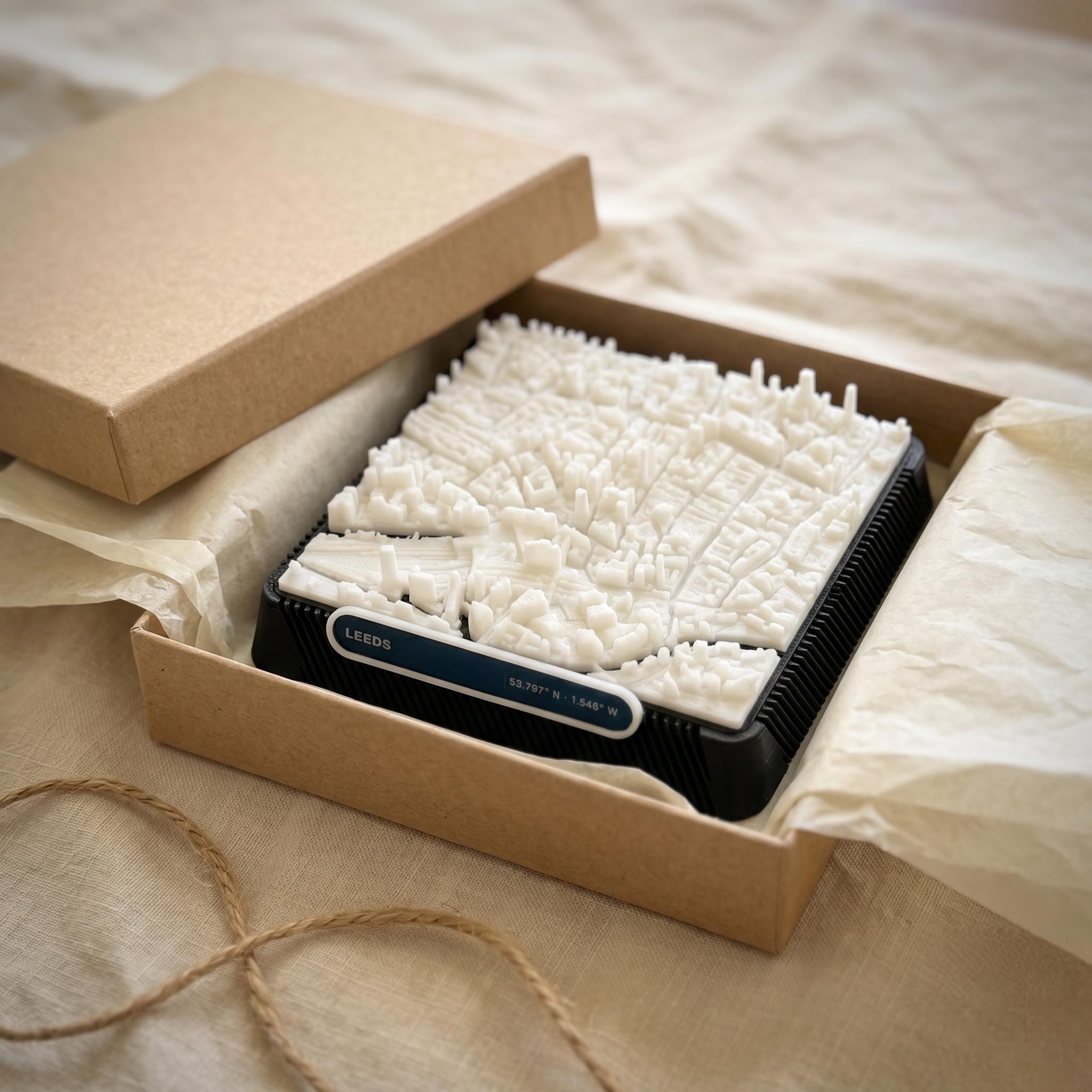 Leeds City Square 3D printed city map · 9×9cm relief model · 53.797° N · 1.546° W