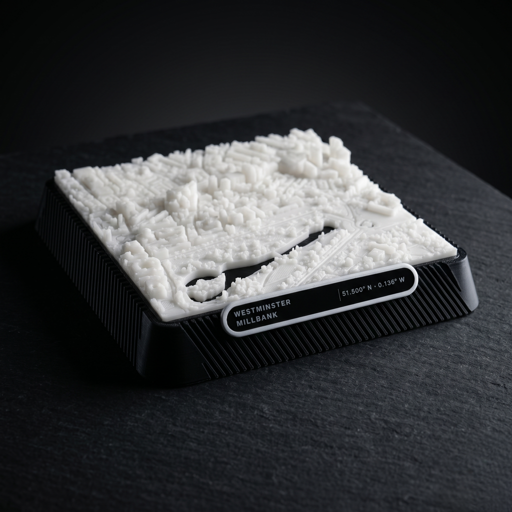 London Westminster 3D printed city map · 9×9cm relief model · 51.500° N · 0.136° W