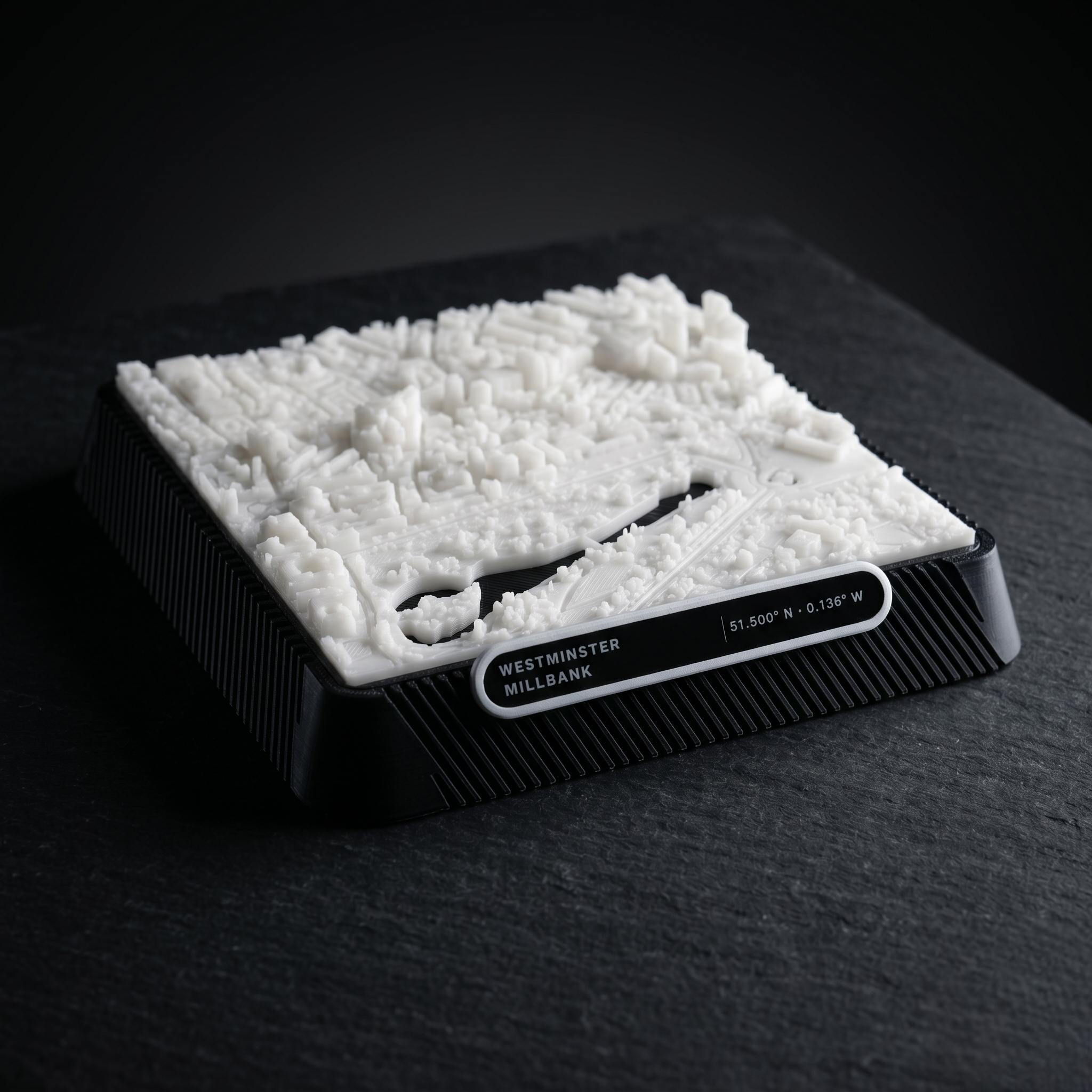 London Westminster 3D printed city map · 9×9cm relief model · 51.500° N · 0.136° W