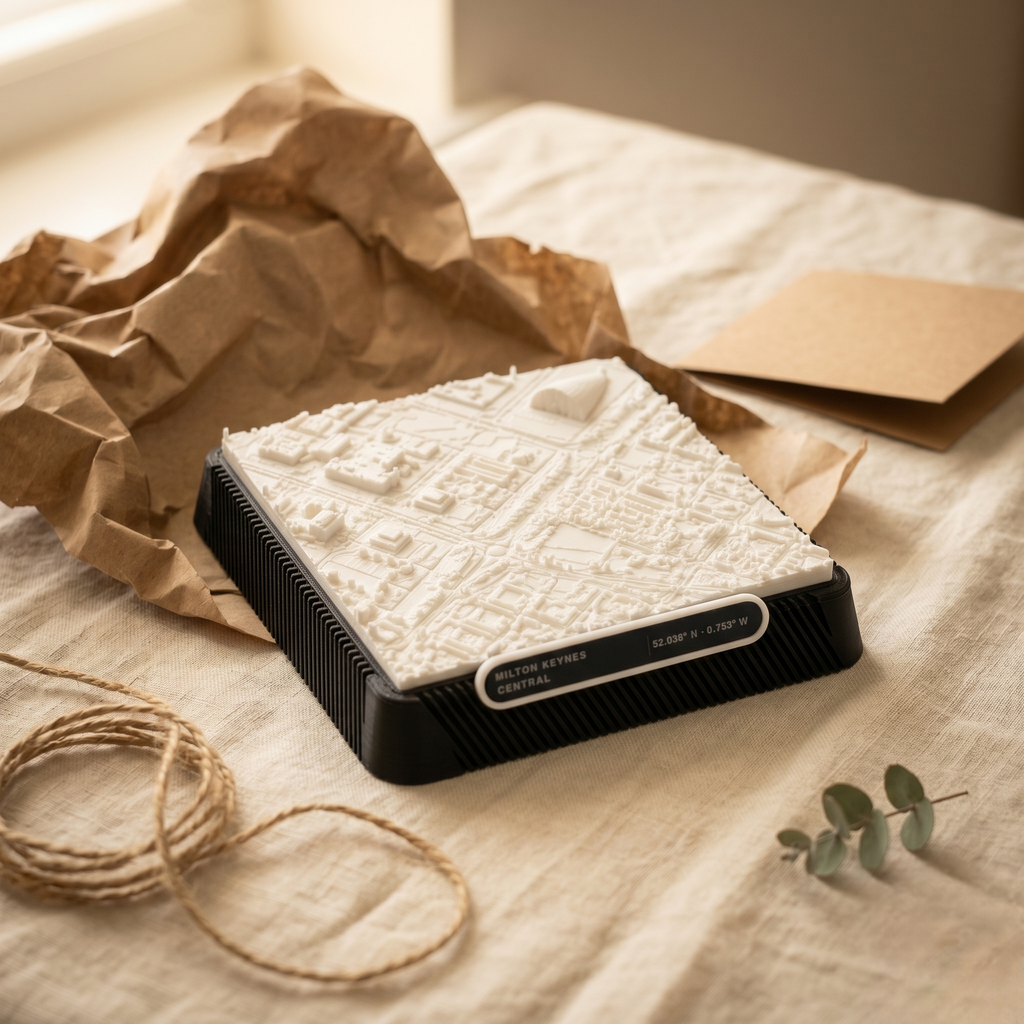 Milton Keynes Central Milton Keynes 3D printed city map · 9×9cm relief model · 52.038° N · 0.753° W