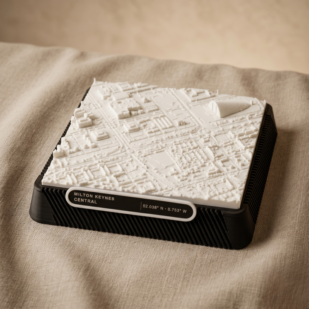 Milton Keynes Central Milton Keynes 3D printed city map · 9×9cm relief model · 52.038° N · 0.753° W