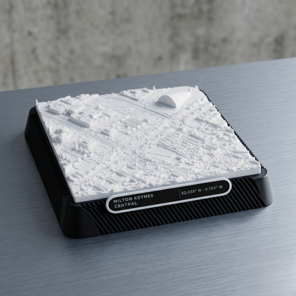 Milton Keynes Central Milton Keynes 3D printed city map · 9×9cm relief model · 52.038° N · 0.753° W
