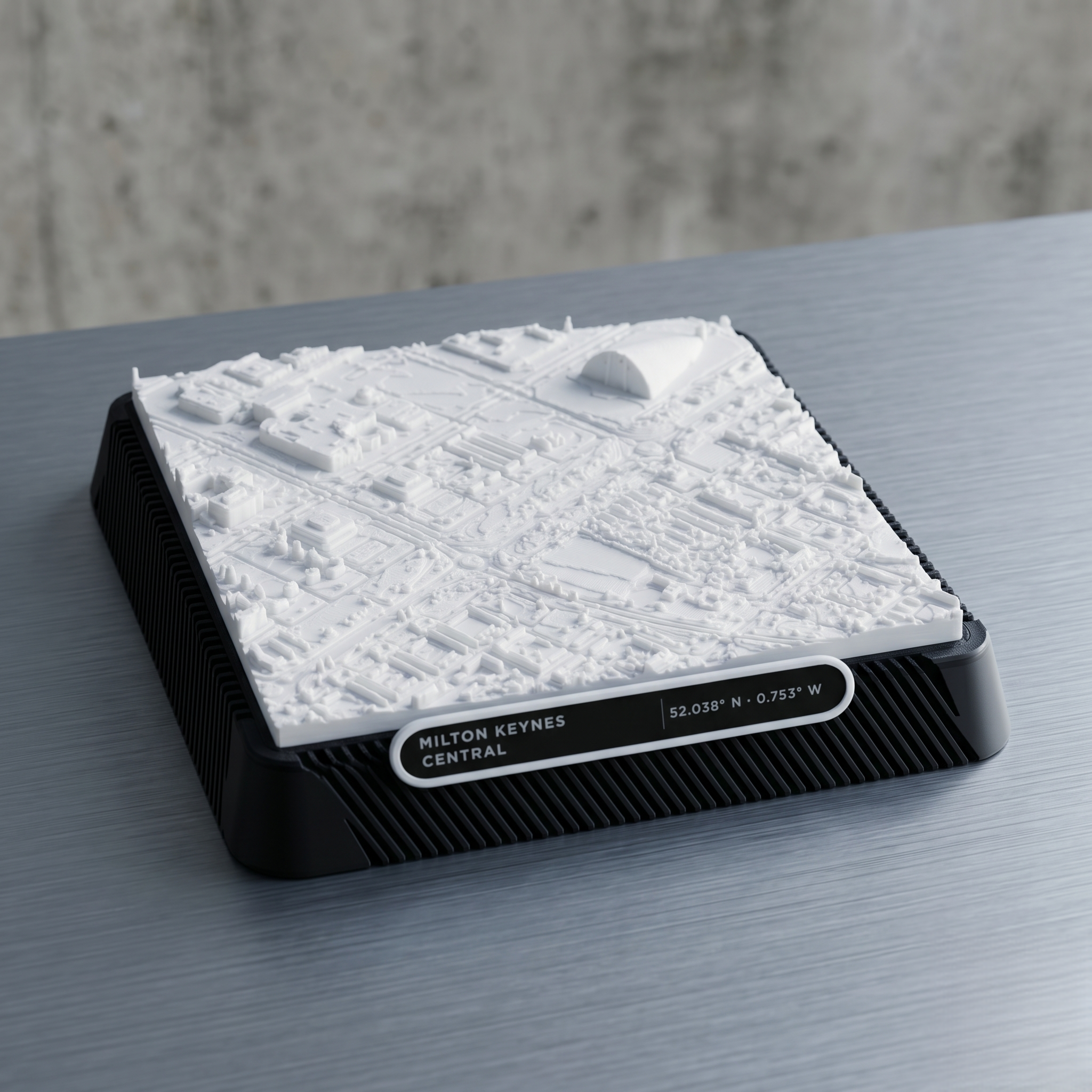 Milton Keynes Central Milton Keynes 3D printed city map · 9×9cm relief model · 52.038° N · 0.753° W