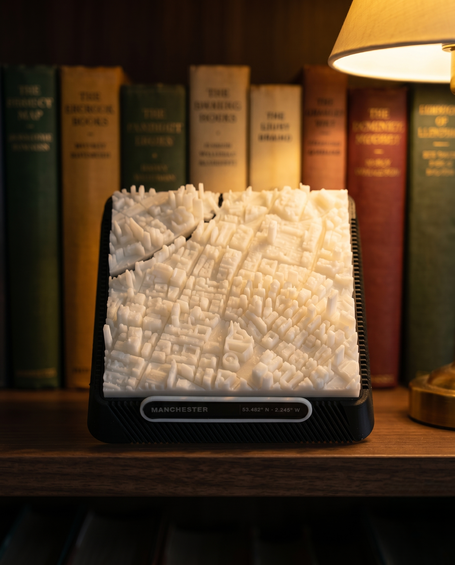 Manchester Central Retail District 3D printed city map · 9×9cm relief model · 53.482° N · 2.245° W