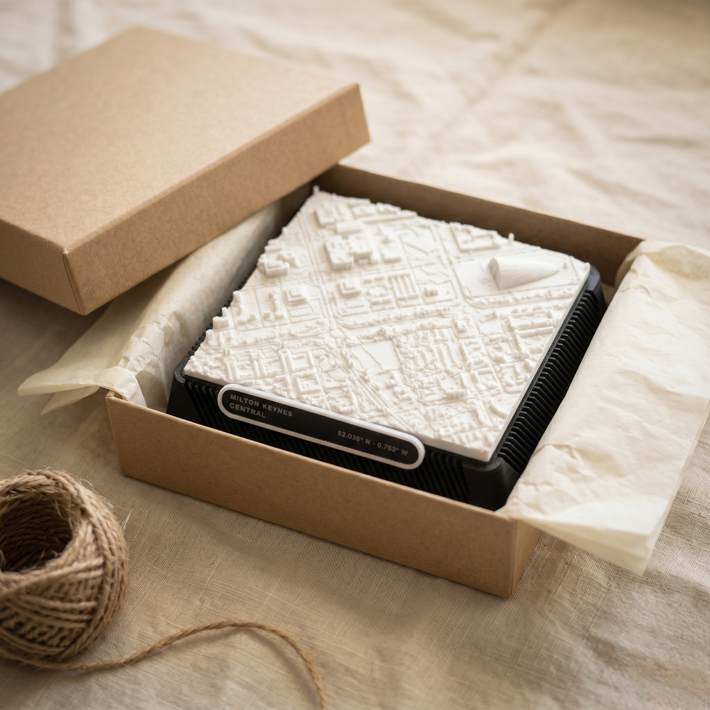 Milton Keynes Central Milton Keynes 3D printed city map · 9×9cm relief model · 52.038° N · 0.753° W