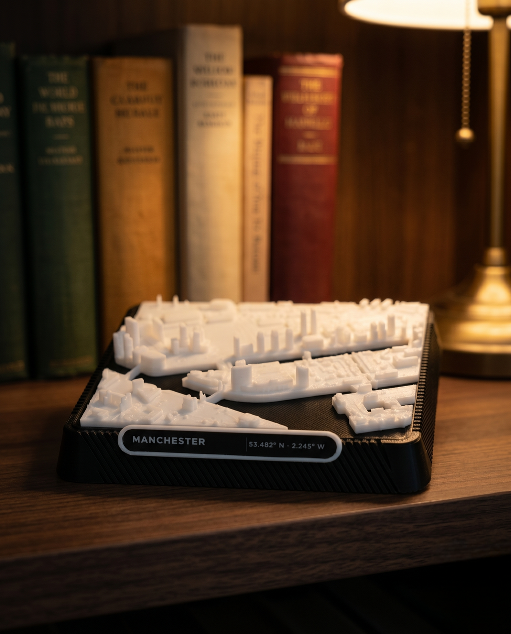 Salford, Greater Manchester Salford Quays and MediaCityUK 3D printed city map · 9×9cm relief model · 53.472° N · 2.294° W