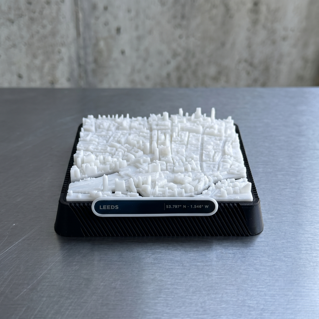 Leeds City Square 3D printed city map · 9×9cm relief model · 53.797° N · 1.546° W