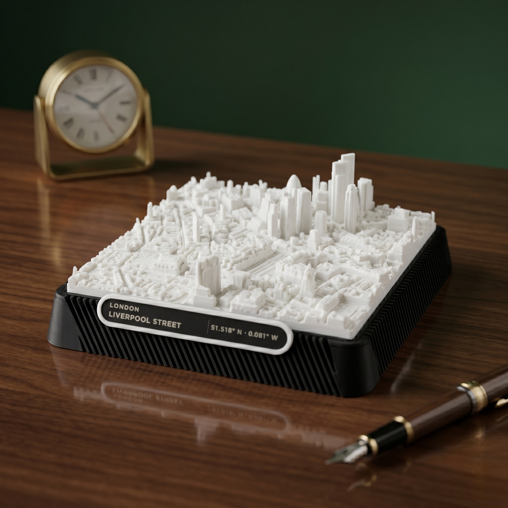 London Liverpool_Street 3D printed city map · 9×9cm relief model · 51.518° N · 0.081° W