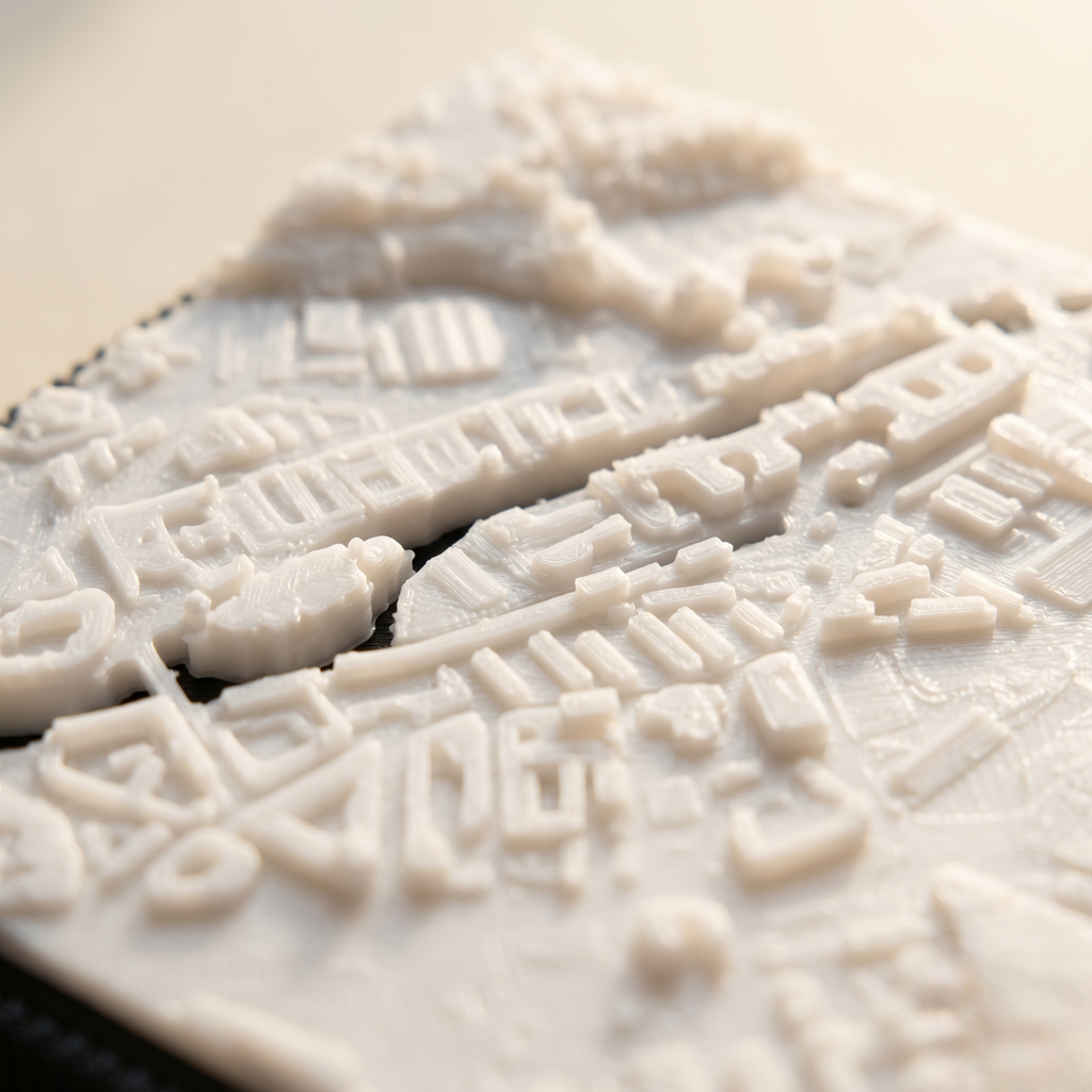 Sheffield Neepsend 3D printed city map · 9×9cm relief model · 53.387° N · 1.474° W