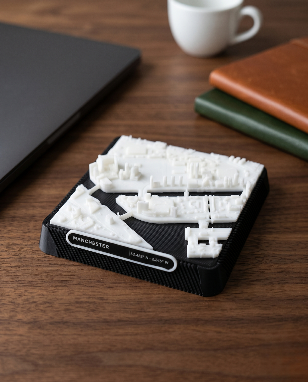 Salford, Greater Manchester Salford Quays and MediaCityUK 3D printed city map · 9×9cm relief model · 53.472° N · 2.294° W