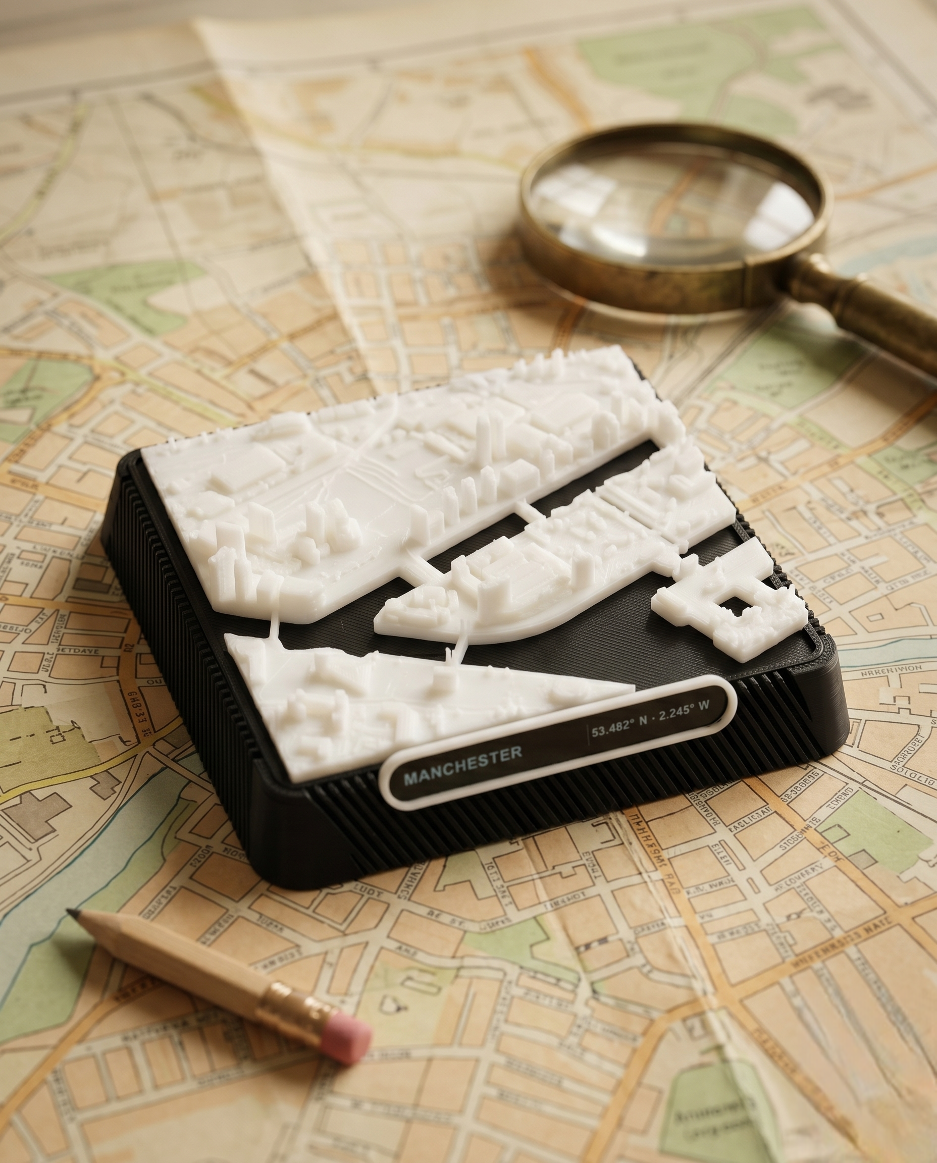 Salford, Greater Manchester Salford Quays and MediaCityUK 3D printed city map · 9×9cm relief model · 53.472° N · 2.294° W