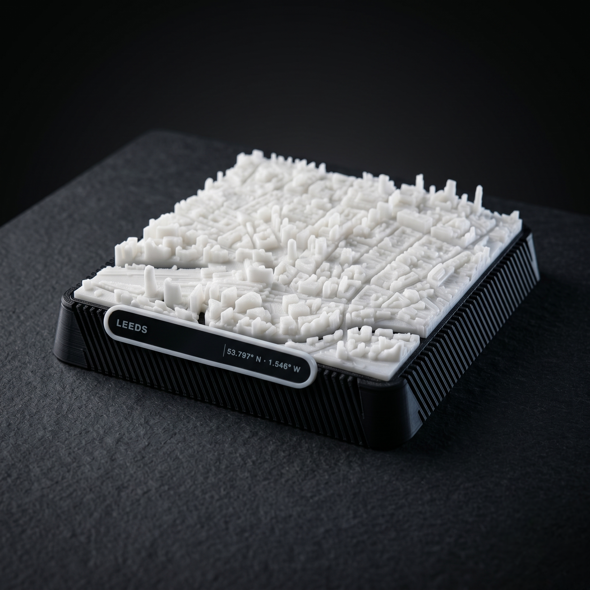 Leeds City Square 3D printed city map · 9×9cm relief model · 53.797° N · 1.546° W