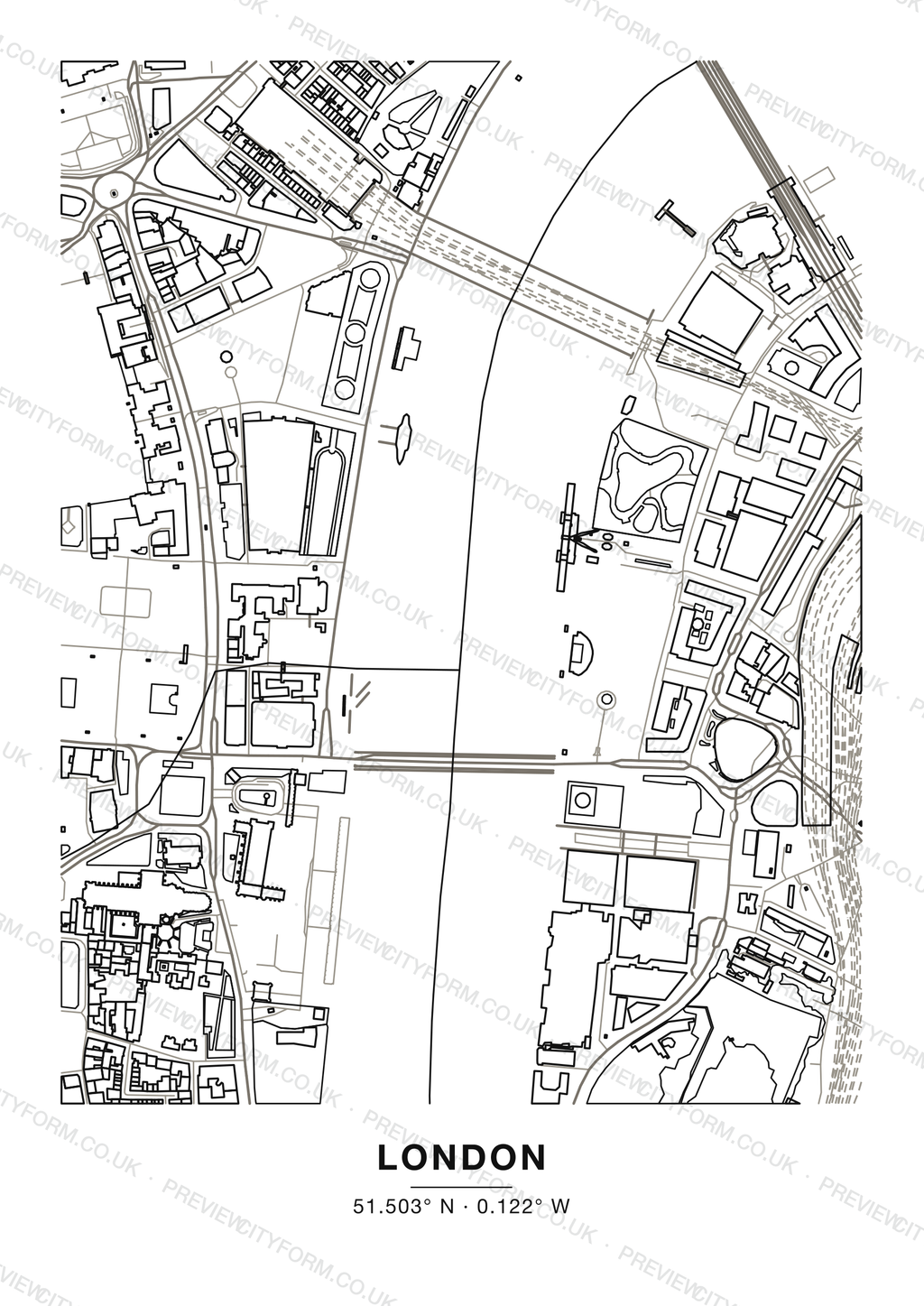Blank London colour-in map — clean black outlines of London streets and buildings on white, the print you receive ready to colour