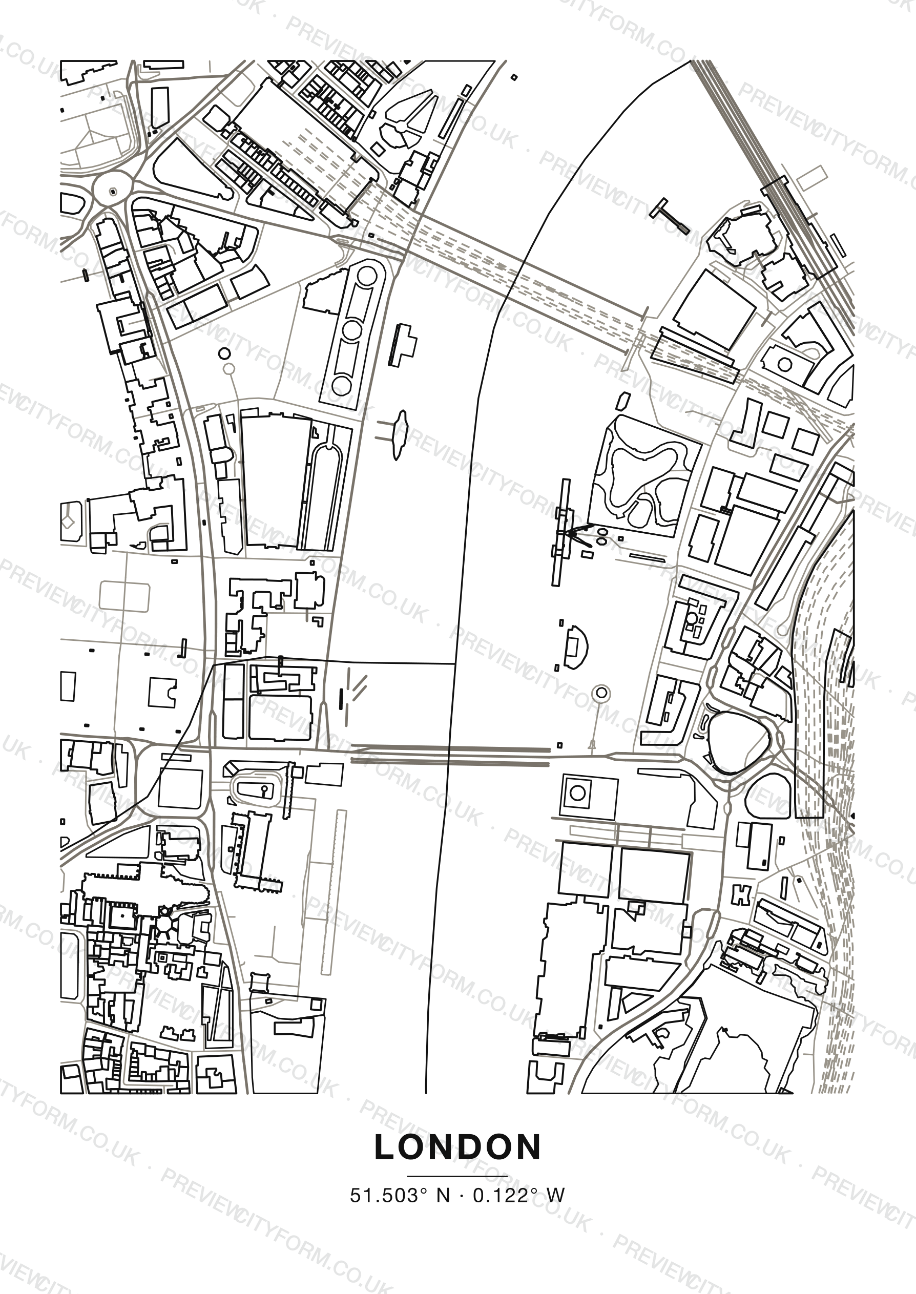 Blank London colour-in map — clean black outlines of London streets and buildings on white, the print you receive ready to colour