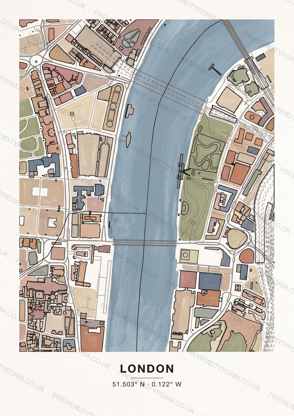 The London colour-in map finished in soft gouache paint — one way to colour the real street outline