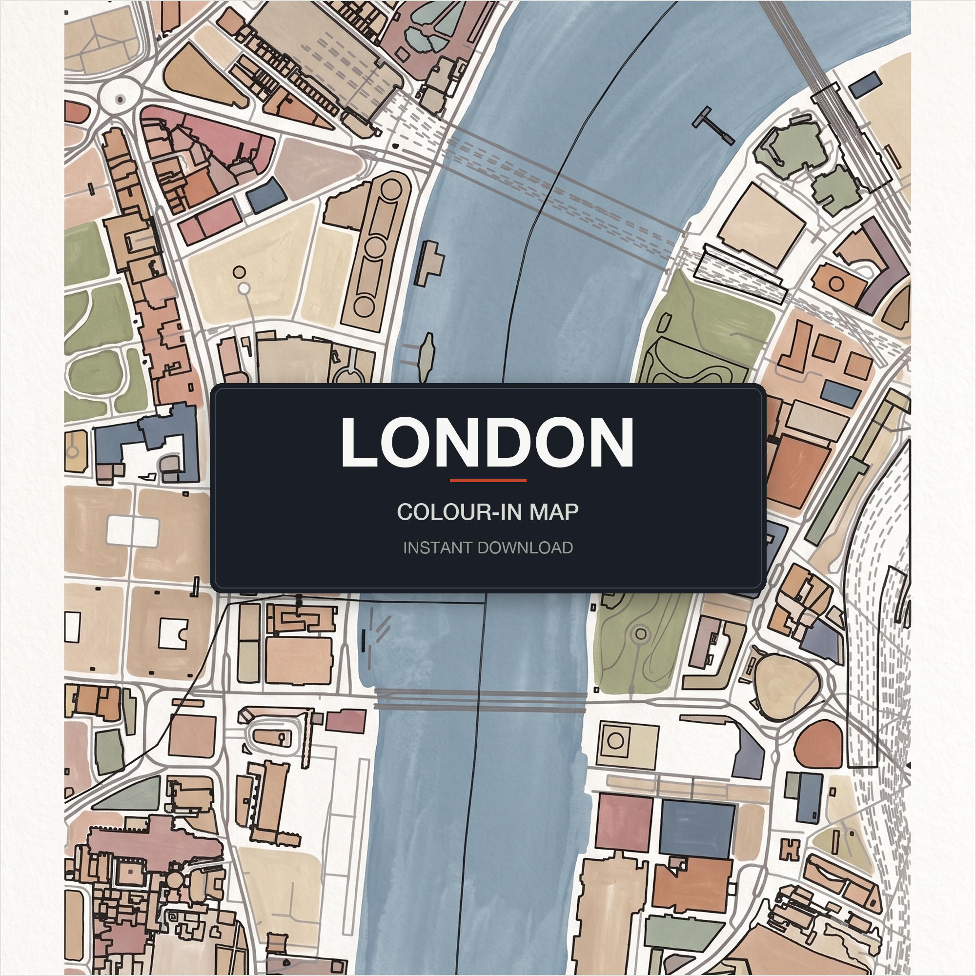 A finished, coloured-in London city map print — real streets and building outlines of London centre, filled by hand