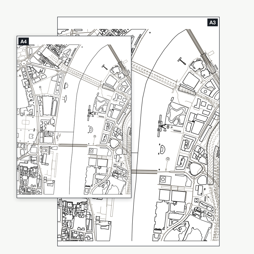 The London colour-in map shown at A4 and A3 — the same real city-centre map, a full kilometre across, printable at either size