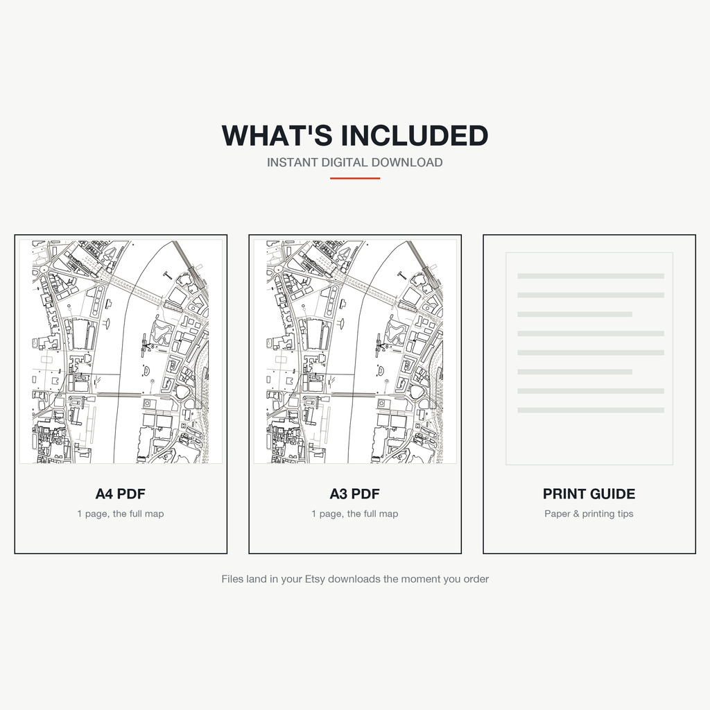 What's included — an A4 PDF, an A3 PDF and a print guide, instant download, a real colour-in map of London