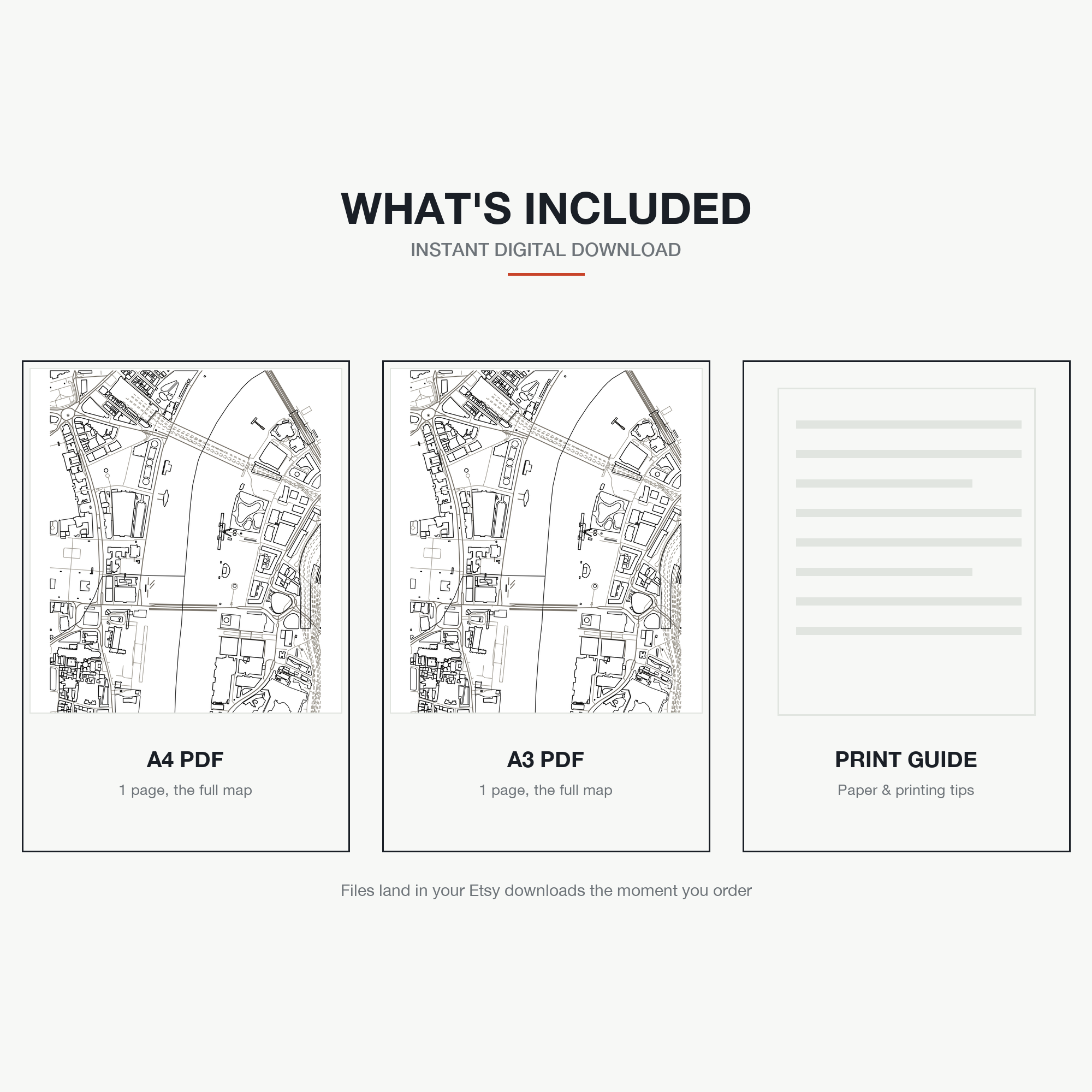 What's included — an A4 PDF, an A3 PDF and a print guide, instant download, a real colour-in map of London