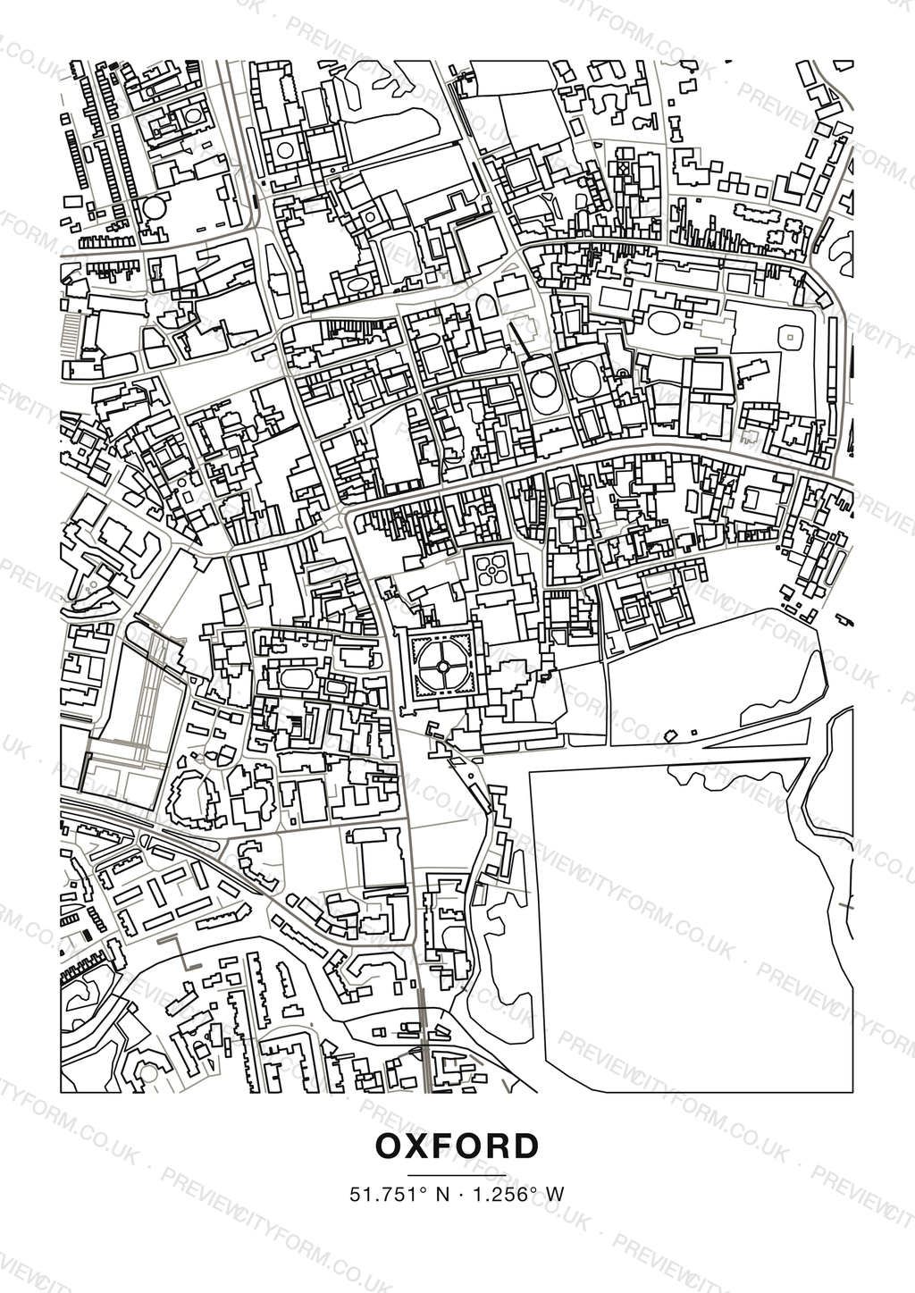 Blank Oxford colour-in map — clean black outlines of Oxford streets and buildings on white, the print you receive ready to colour