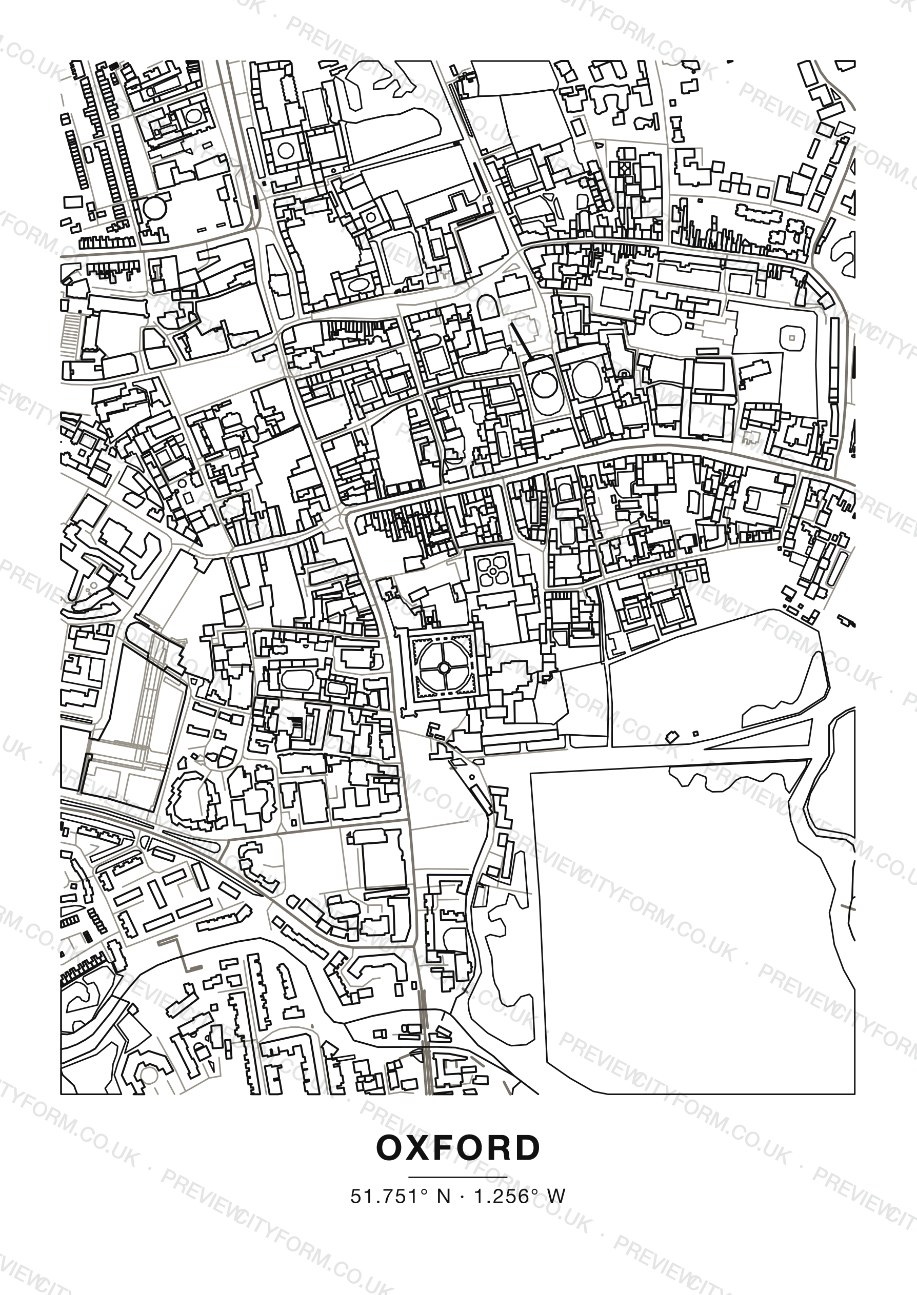 Blank Oxford colour-in map — clean black outlines of Oxford streets and buildings on white, the print you receive ready to colour