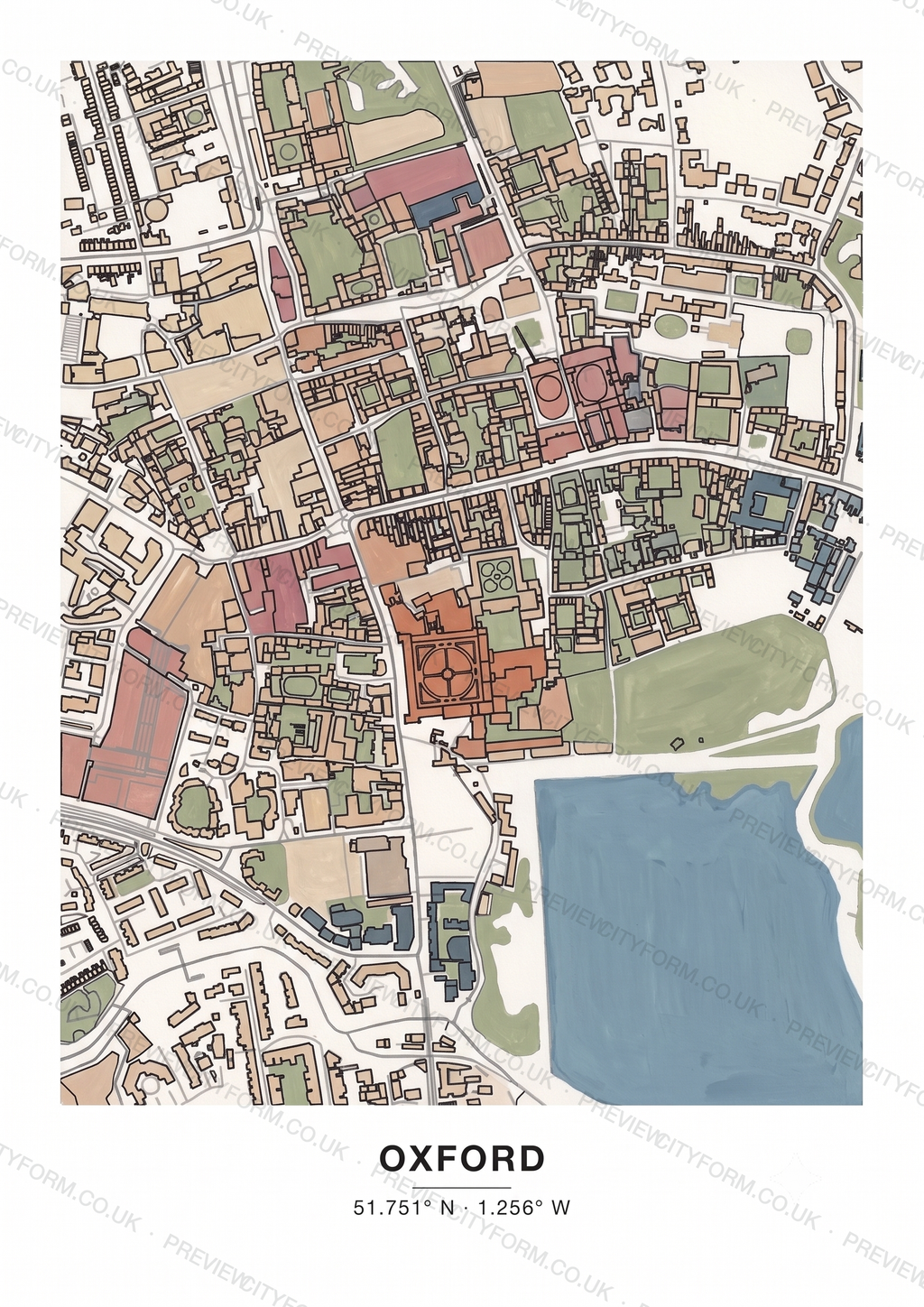 The Oxford colour-in map finished in soft gouache paint — one way to colour the real street outline
