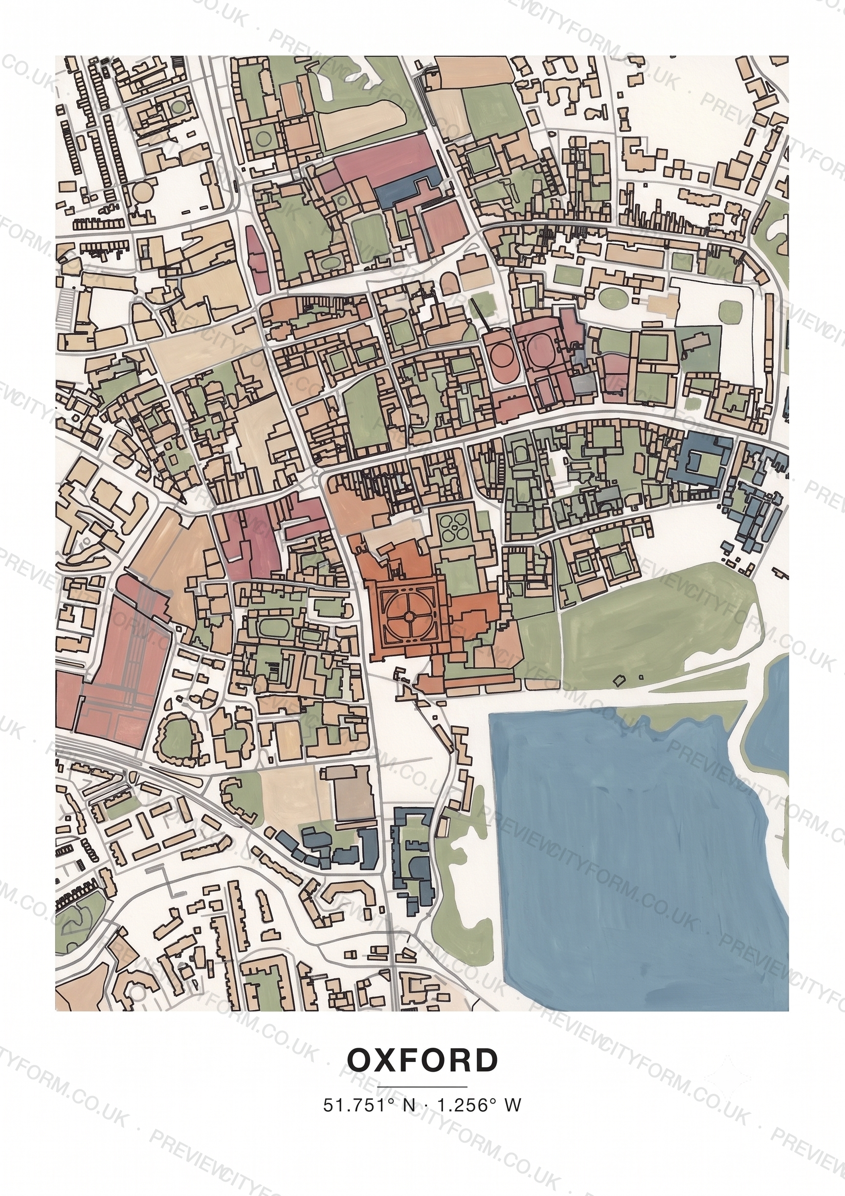 The Oxford colour-in map finished in soft gouache paint — one way to colour the real street outline