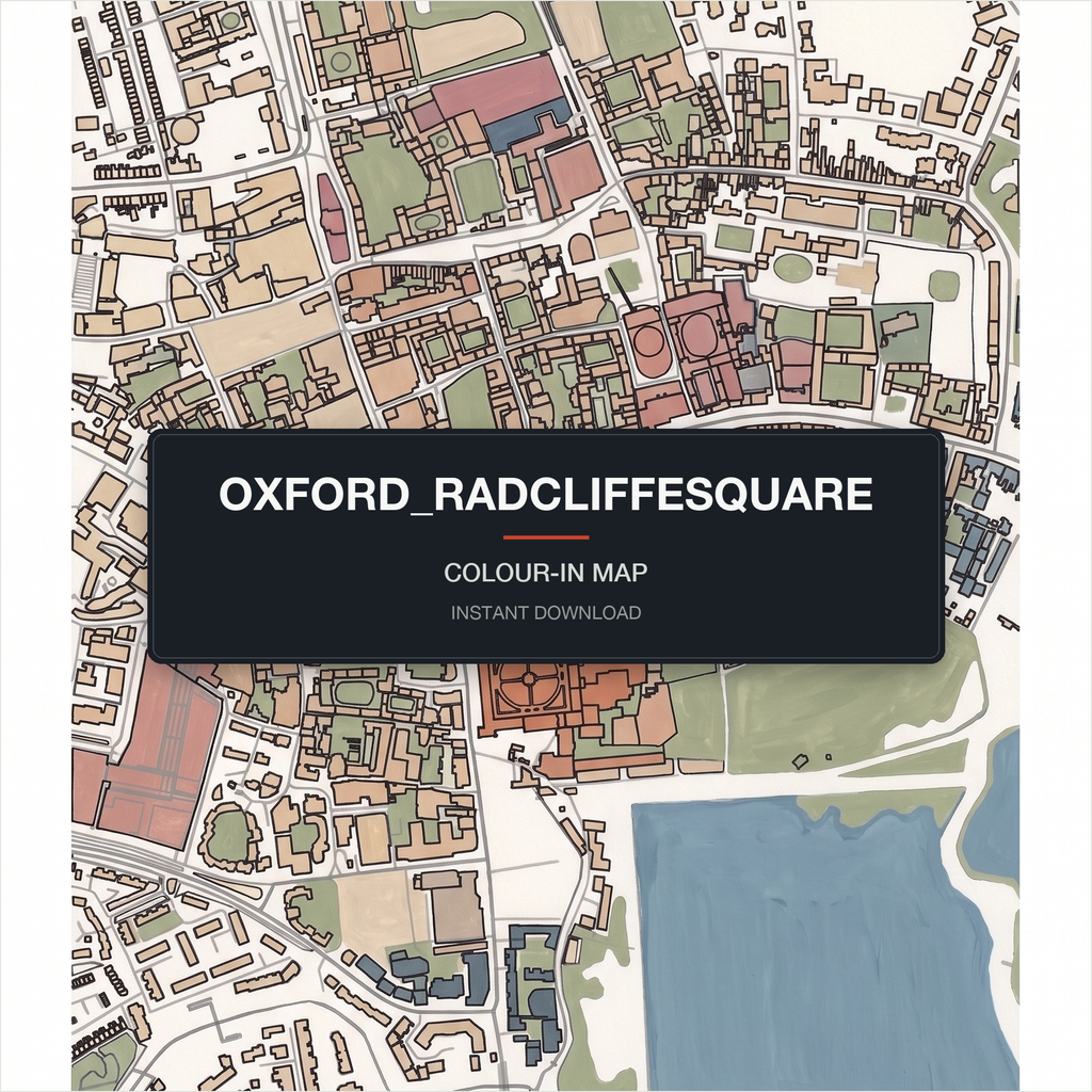 A finished, coloured-in Oxford city map print — real streets and building outlines of Oxford centre, filled by hand