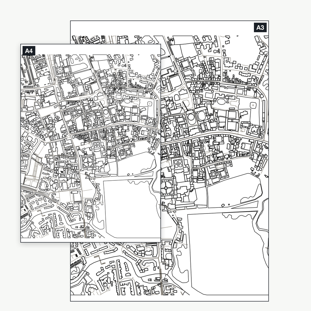 The Oxford colour-in map shown at A4 and A3 — the same real city-centre map, a full kilometre across, printable at either size