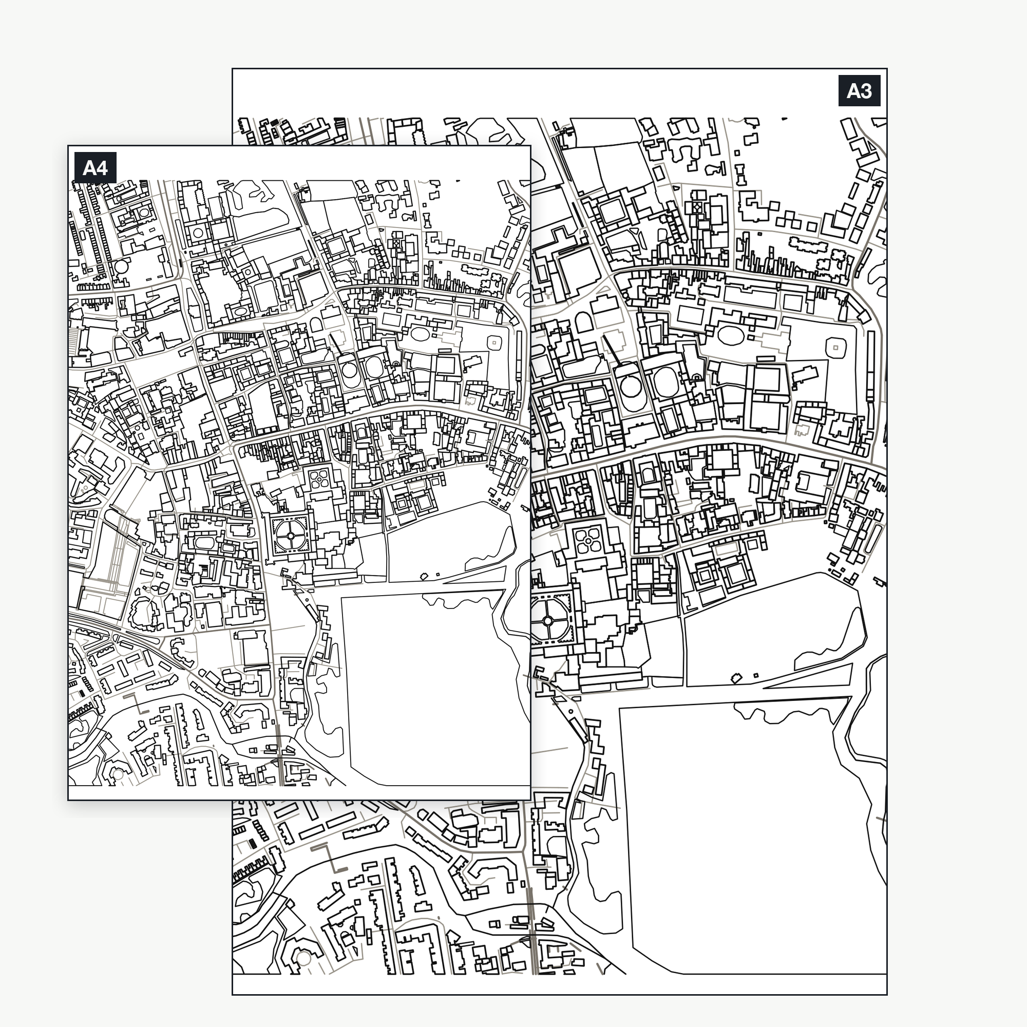 The Oxford colour-in map shown at A4 and A3 — the same real city-centre map, a full kilometre across, printable at either size