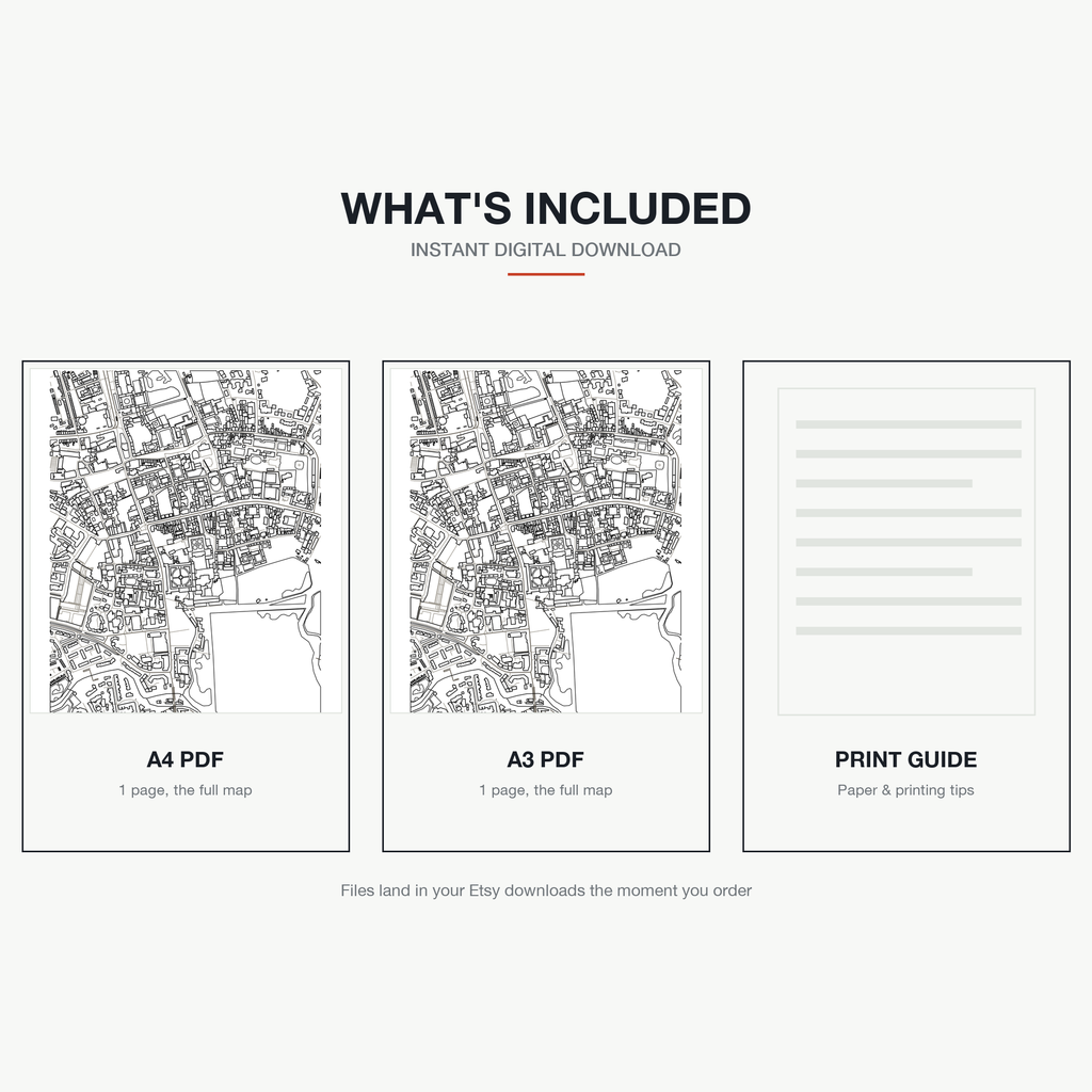 What's included — an A4 PDF, an A3 PDF and a print guide, instant download, a real colour-in map of Oxford