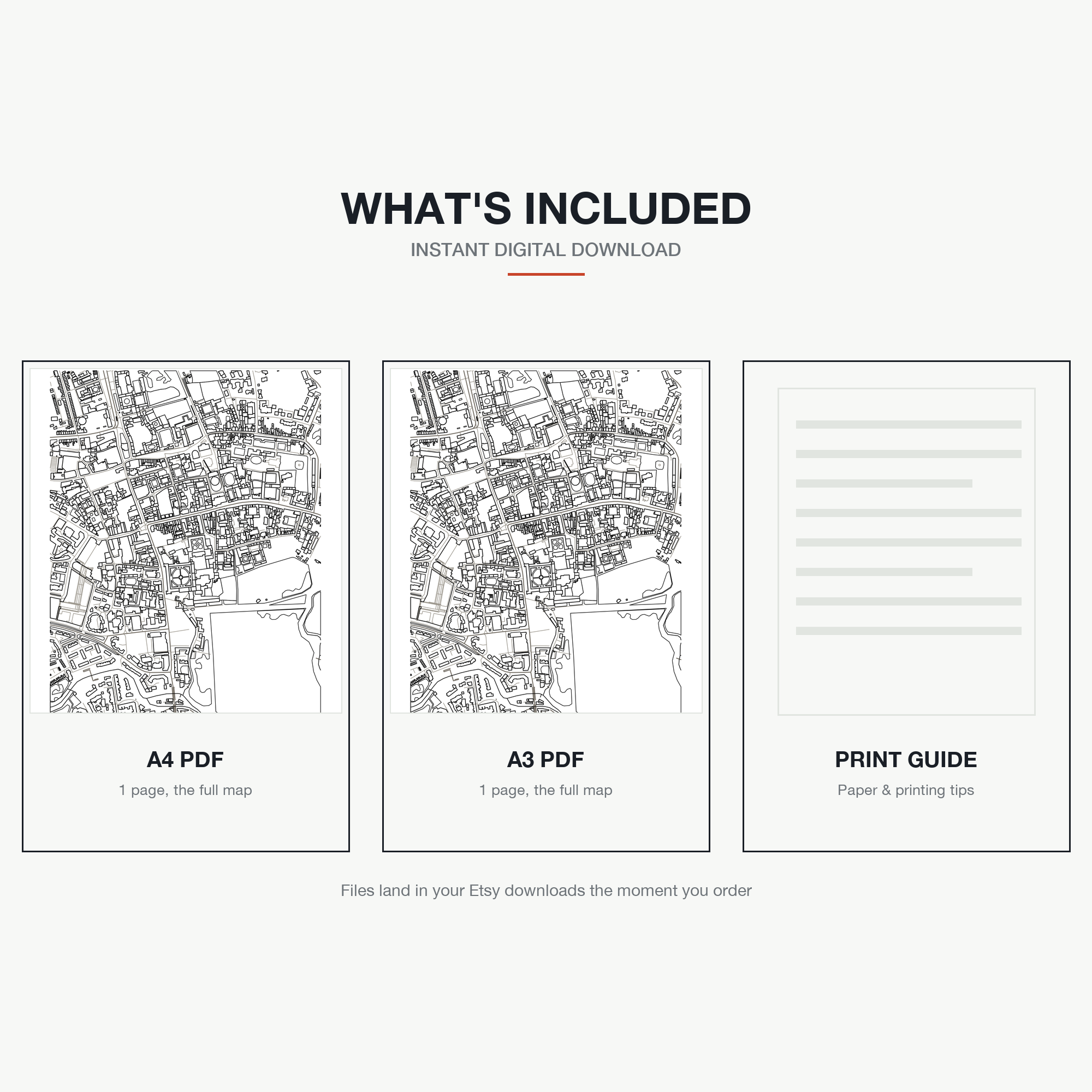 What's included — an A4 PDF, an A3 PDF and a print guide, instant download, a real colour-in map of Oxford