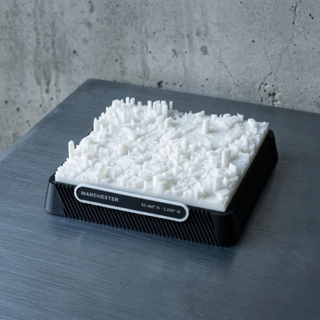 Manchester Central Retail District 3D printed city map · 9×9cm relief model · 53.482° N · 2.245° W
