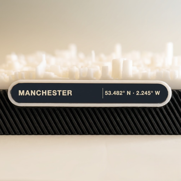 Manchester Central Retail District 3D printed city map · 9×9cm relief model · 53.482° N · 2.245° W
